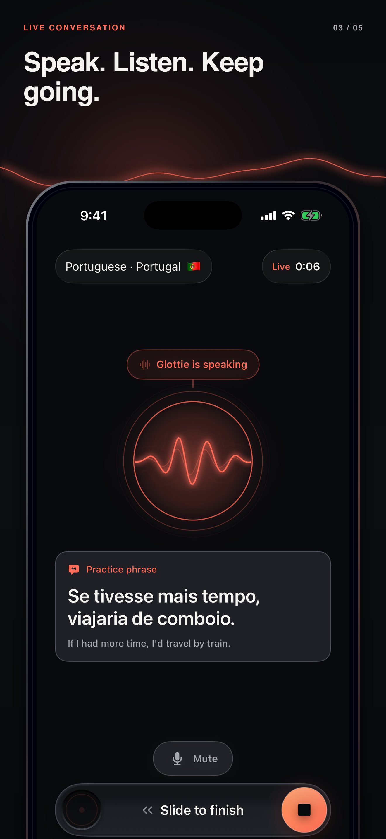 Glottie live conversation screen with an AI language tutor