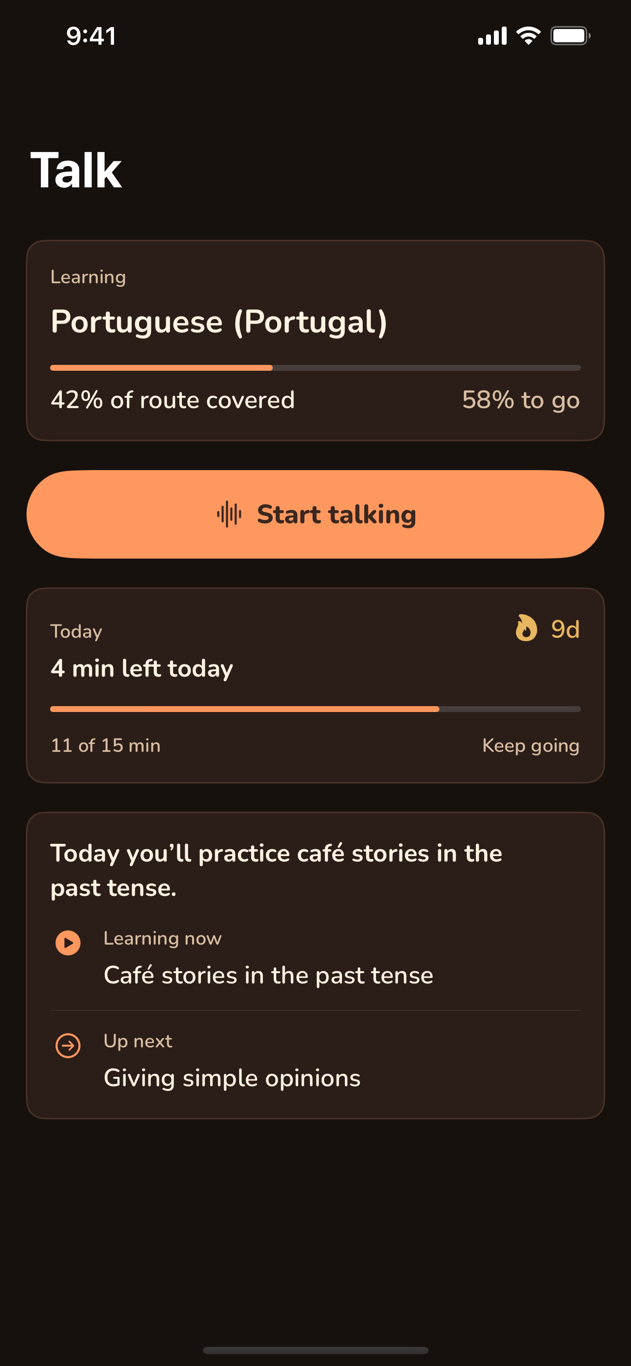 Glottie talk screen with daily goal and start talking button